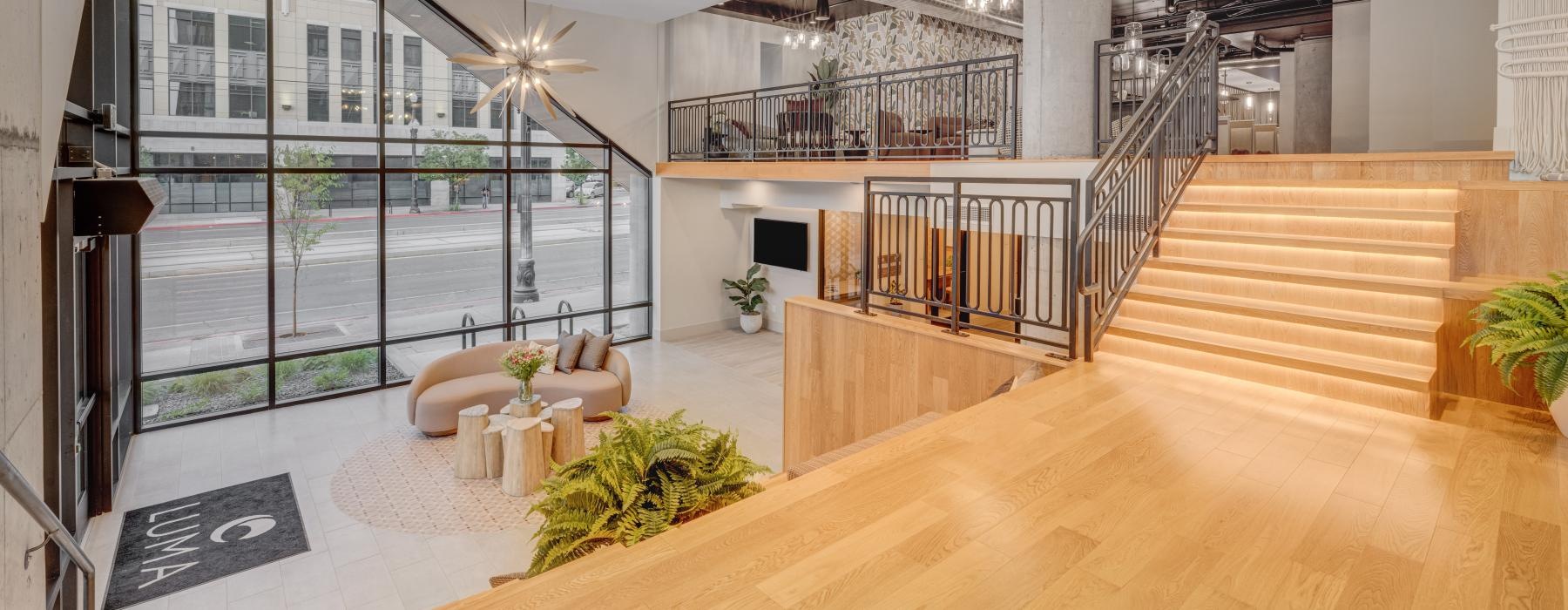 a large room with a large staircase